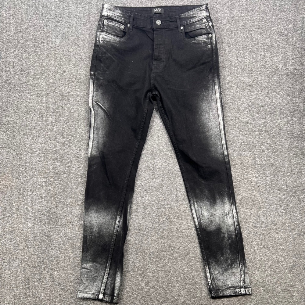 BoohooMAN Men Skinny Jeans 32 Black Silver Metallic Foil Coated Streetwear Denim